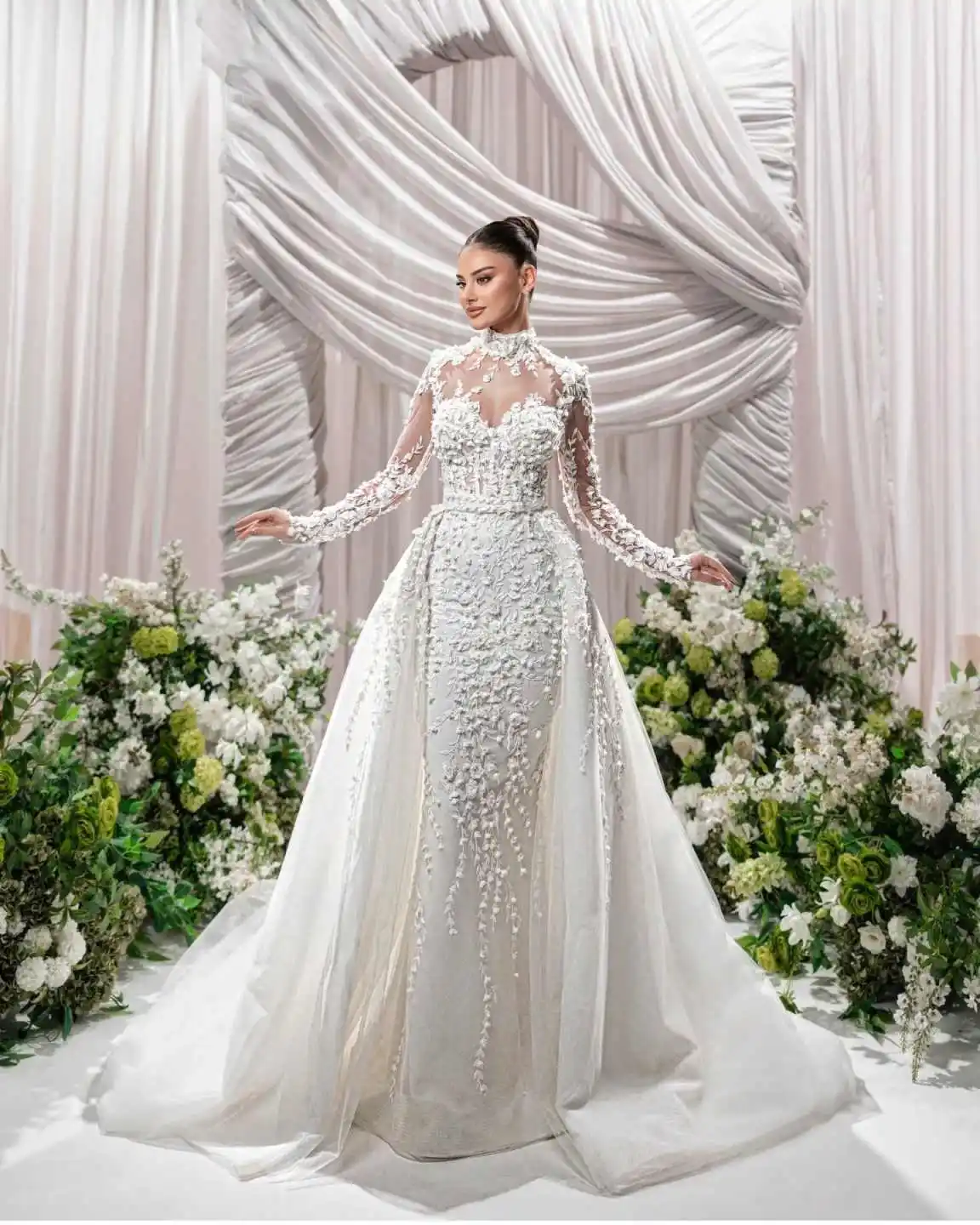 Gorgeous Wedding Dresses Mermaid Sweetheart Full Sleeve Floor-Length Detachable Train Princess Bride Wedding Dress Custom Made