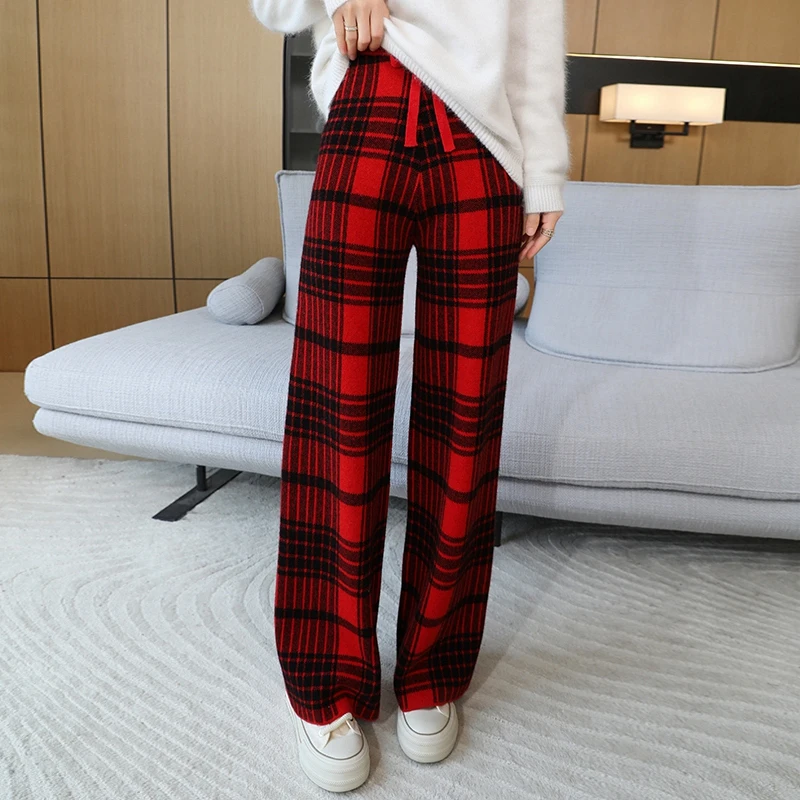 New Autumn/Winter Pant Women 100% Wool Knitted High Waisted Pants Contrasting Color Checkered Wide Leg Pants Thickened Warm Pant