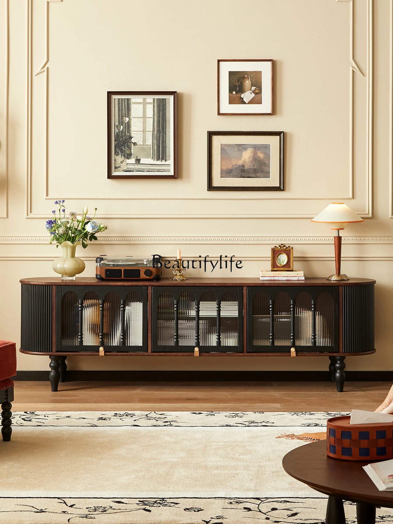

French retro solid wood TV cabinet, antique storage locker in living room