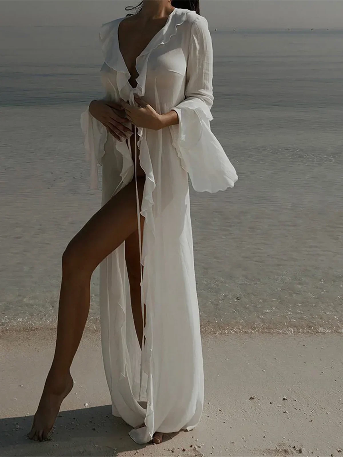 ヤミニア フラウンス セクシー Vネック フリル付き 長袖 シフォン チュニック ビーチカバーアップ ドレス ビーチウェア 女性用