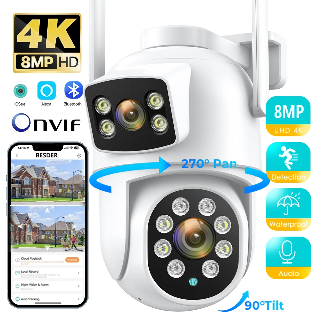 BESDER 8MP PTZ Wifi Camera Outdoor Night Vision Dual Screen Human Detection 4MP Security Protection CCTV Surveillance IP Camera