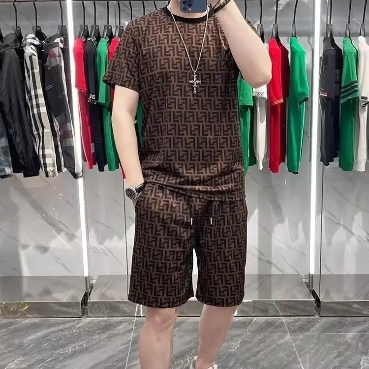 2025 Summer Casual Suit Men\'s Trendy European T-shirt Short-sleeved Printed Shorts Loose Two-piece Suit Sports Quick-drying Suit