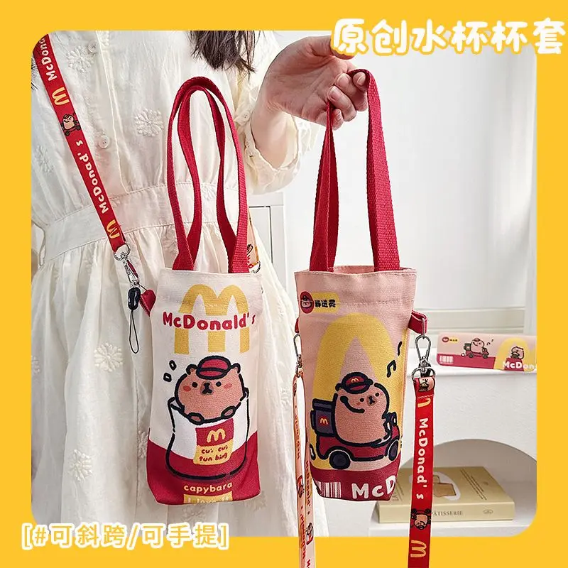 Cartoon Capybara Kapibara  Kawaii Cup Cover Tote Bag Student Outdoor Water Bottle Bags With Lanyard Belt Crossbody Bags Handbag