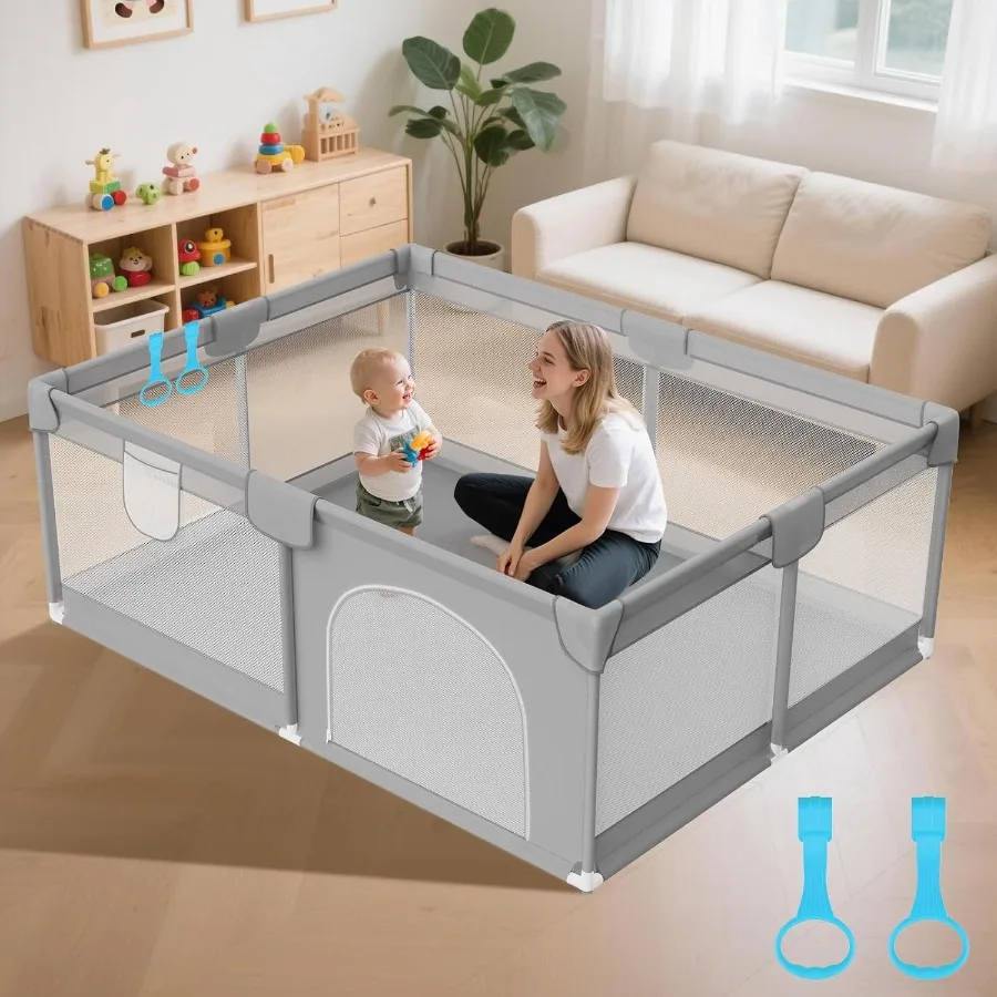 Cercadinho grande para bebês de 74 "x 50" - Cercadinho para bebês e crianças com malha respirável e 2 alças - Lei de segurança para cercadinho de bebê
