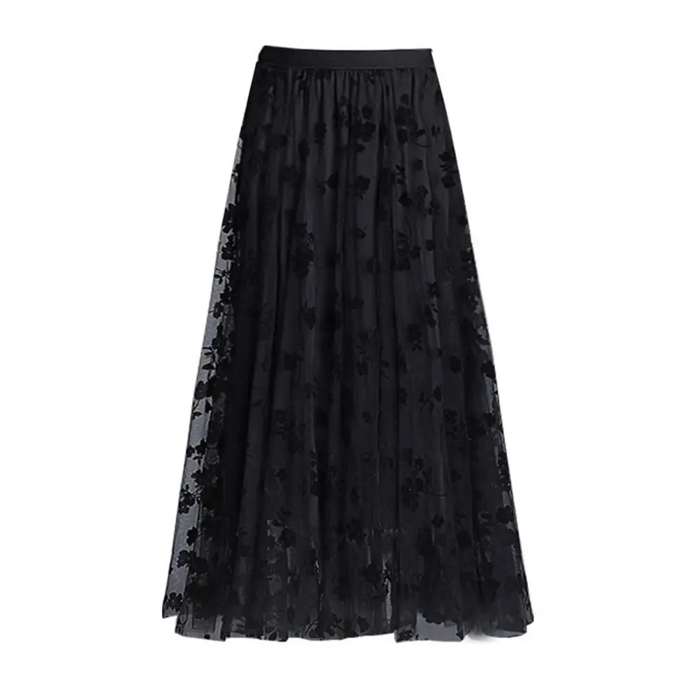 Flocked Flower Print Midi Skirt Elegant Reversible A-line Skirts for Women High-waisted Embroidered Flocked Flower for Wear