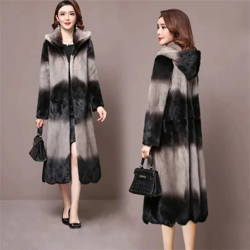 Women's Whole Mink Fur Coat Medium length Fur OutCoat Female 2023 new Hooded Fashion Section Dyeing High-Quality Mink Fur Coat