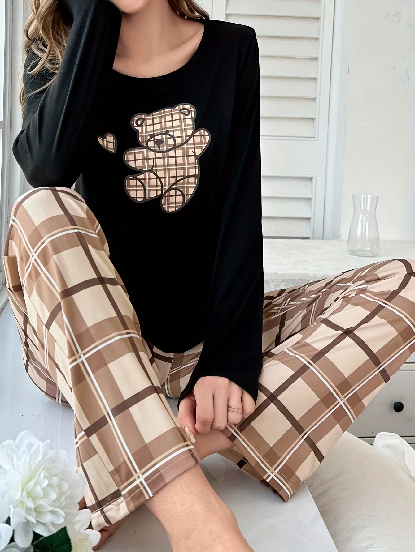 Women\'s casual pajama set Cute bear print crew neck top with plaid pants