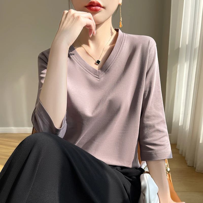 ZOCEPT Solid Mercerized Cotton T-Shirts Women Spring Summer Casual Three Quarter Sleeve Loose V-Neck Tops Female T Shirt Blouse