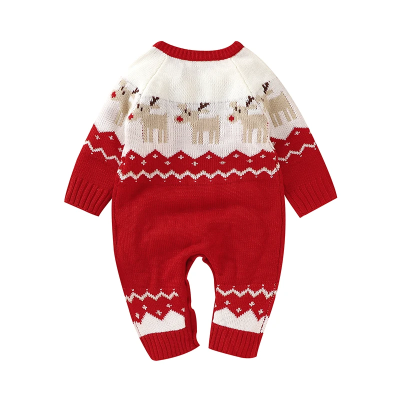 Red Reindeer Knitted Baby Christmas Rompers Winter Long Sleeve Newborn Boys Girls Outwear Jumpsuits Red Reindeer Toddler Playsui