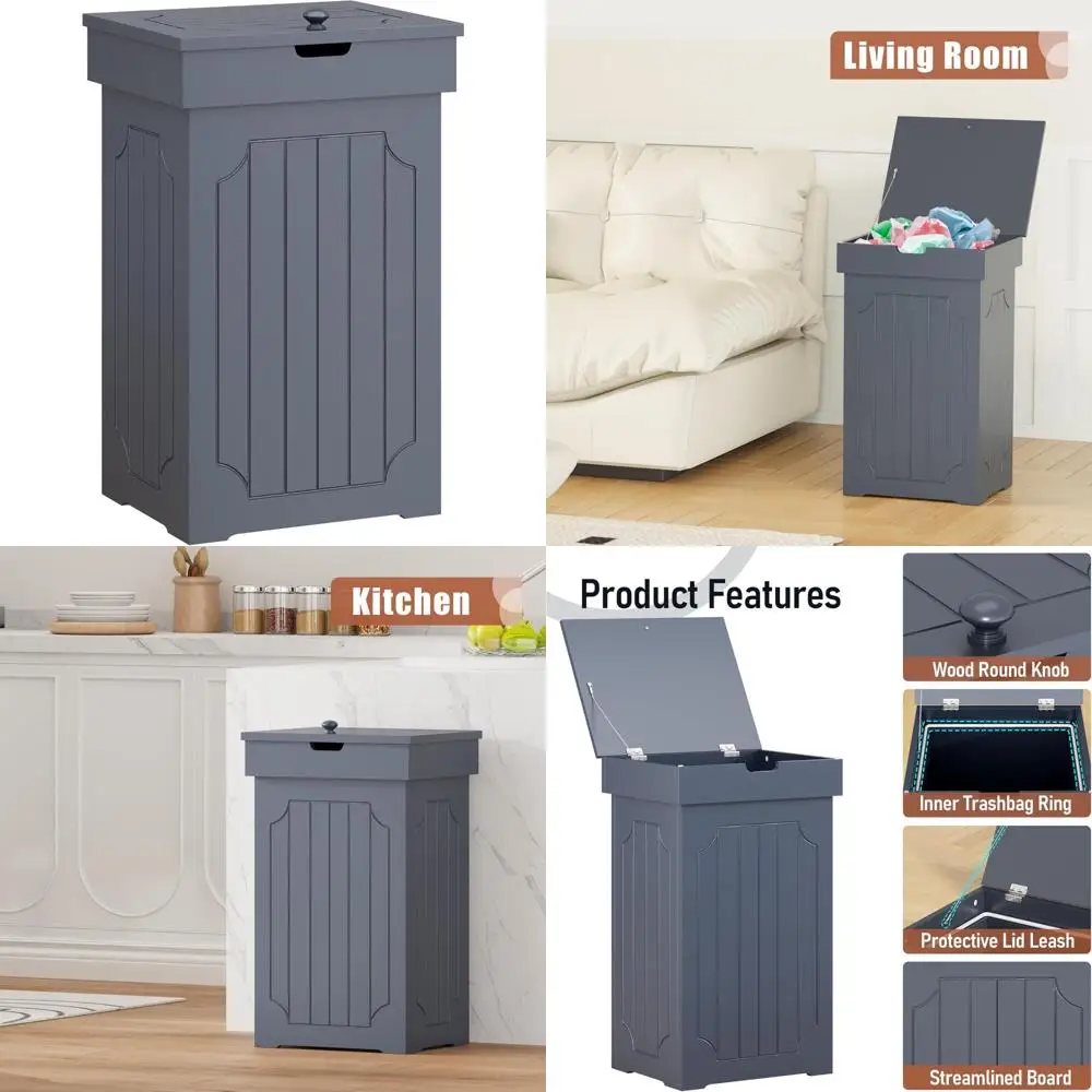 

Stylish 13 Gallon Kitchen Trash Can with Wooden Recycling Bin, Dog-Resistant Freestanding Waste Container