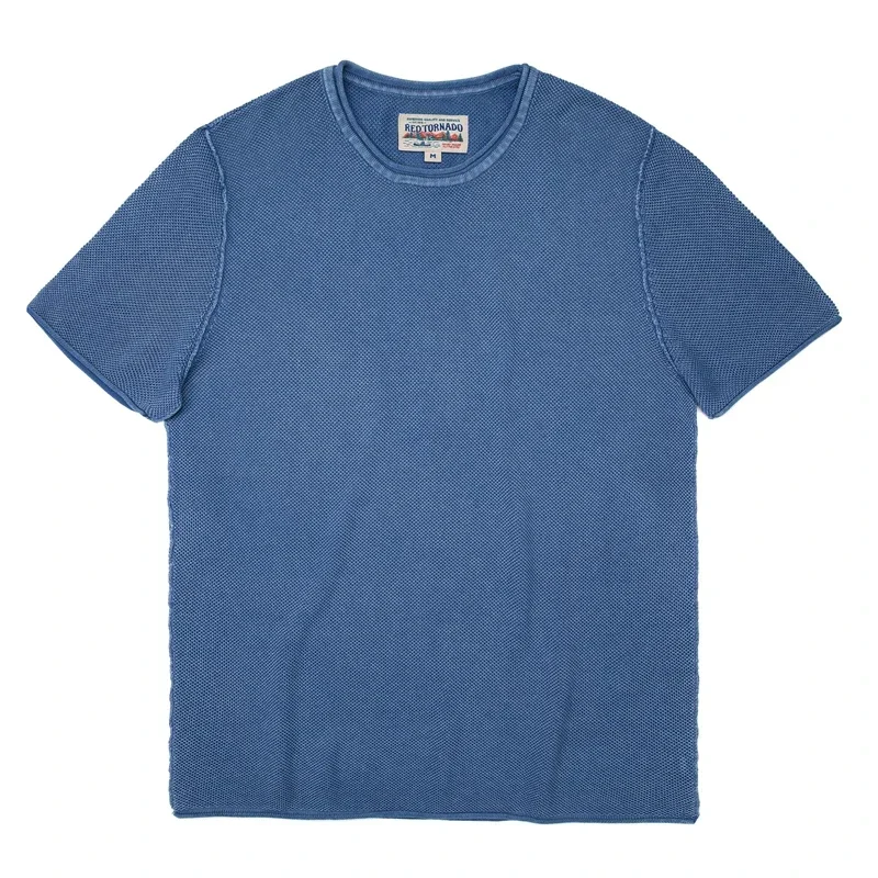 Red Tornado Indigo Sashiko Tee Shirt Vintage Fashion Men\'s Short Sleeve Knitwear