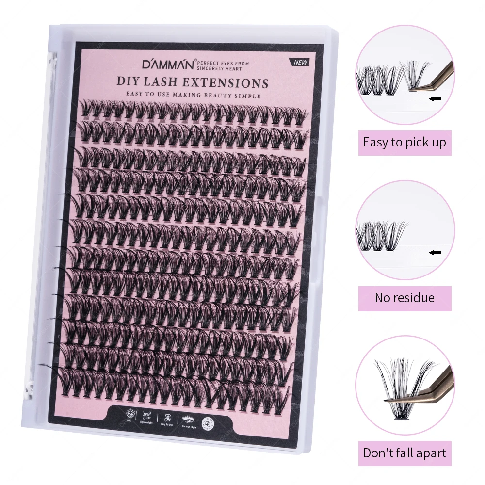 DAMMAN 30D Individual Cluster Lash Extensions Kit False Eyelash with Lash Bond and Seal and Tweezers DIY Lashes Set At Home