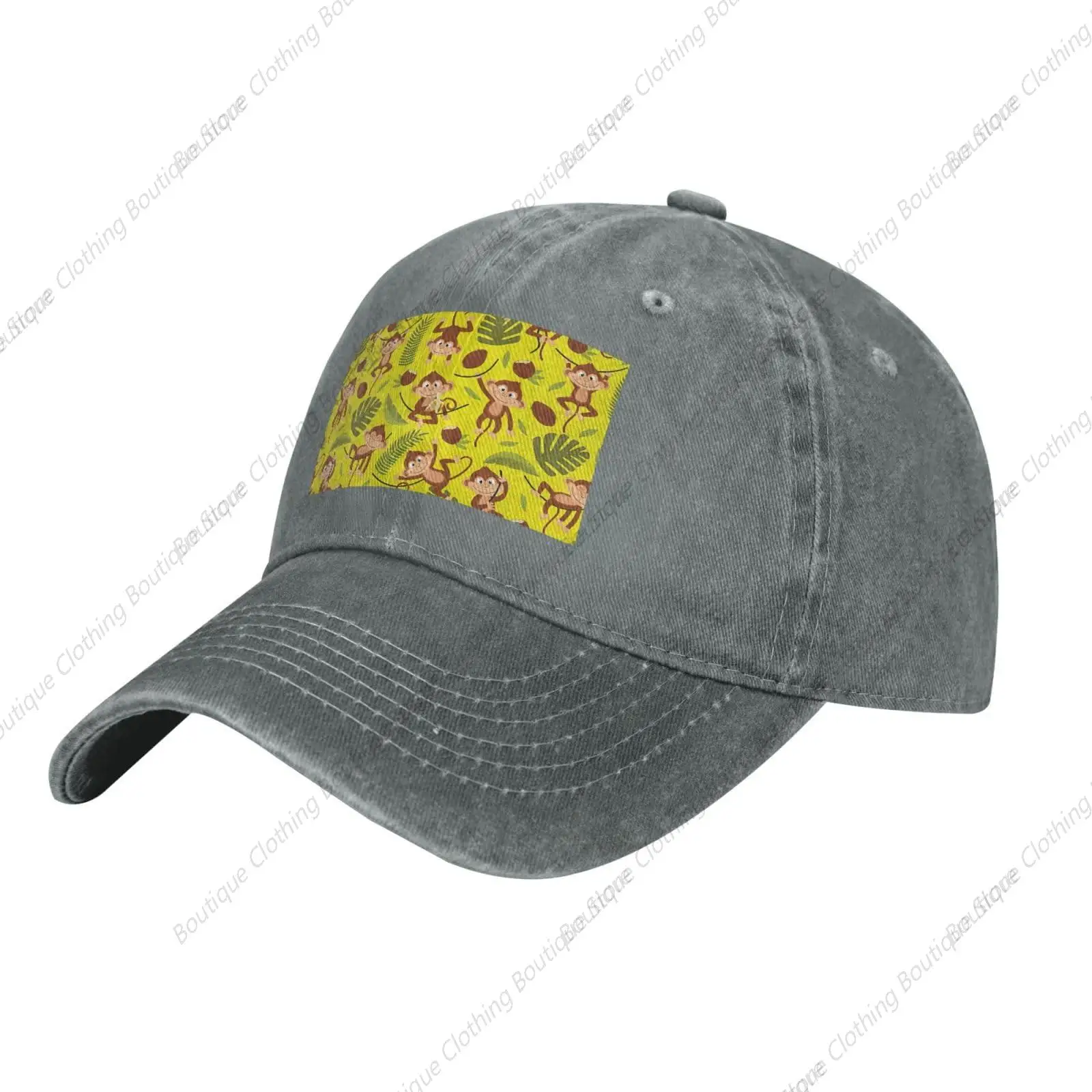 

Cute Funny Animal Monkey Banana Print Washed Cowboy Baseball Cap for Adults Adjustable Caps Fashion Cap A Sun Hat Gray