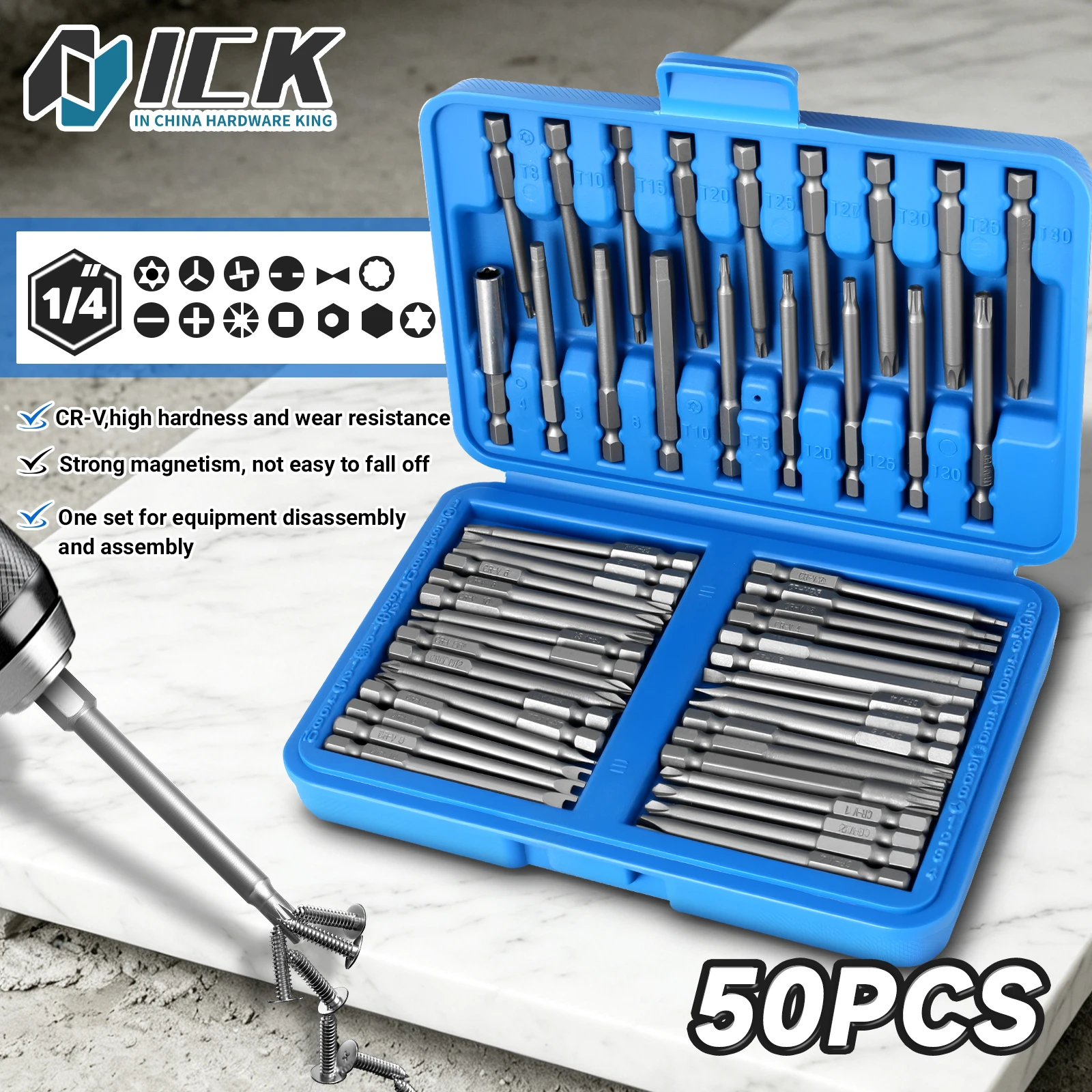 

Screwdriver Bit Set 50PC Extra Long Security Torx/Hex/Phillips Bits 1/4Hex Shank Magnetic CR-V Steel for Drill Power Screwdriver
