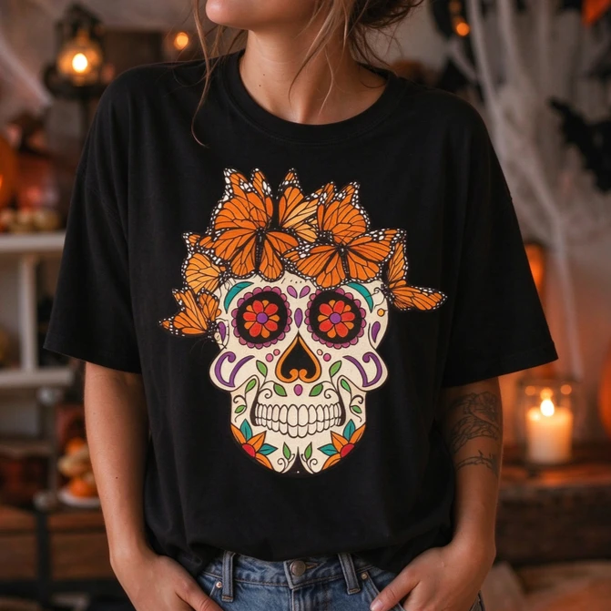 Retro Day of The Dead Sugar Skull Monarch Butterflies Women's Unisex T Shirt Halloween Gift Tee Cotton Harajuku Y2k Top