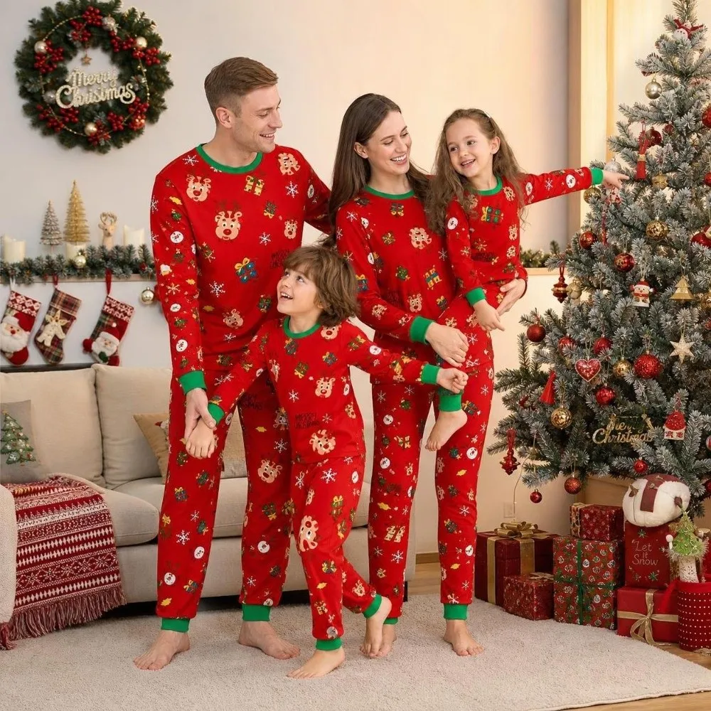 Long Sleeve Christmas Pyjamas Set Santa Claus Xmas Trees Couple Christmas Outfit Two Piece Set Snowflakes