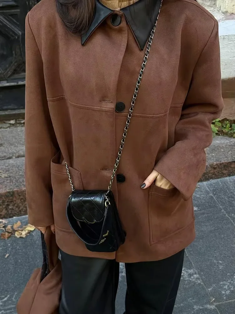 

Autumn Casual Pocket Jacket Overcoat Female Retro Splicing Lapel Loose Warm Commute Outwear 2025 New Women's Jackets Coat