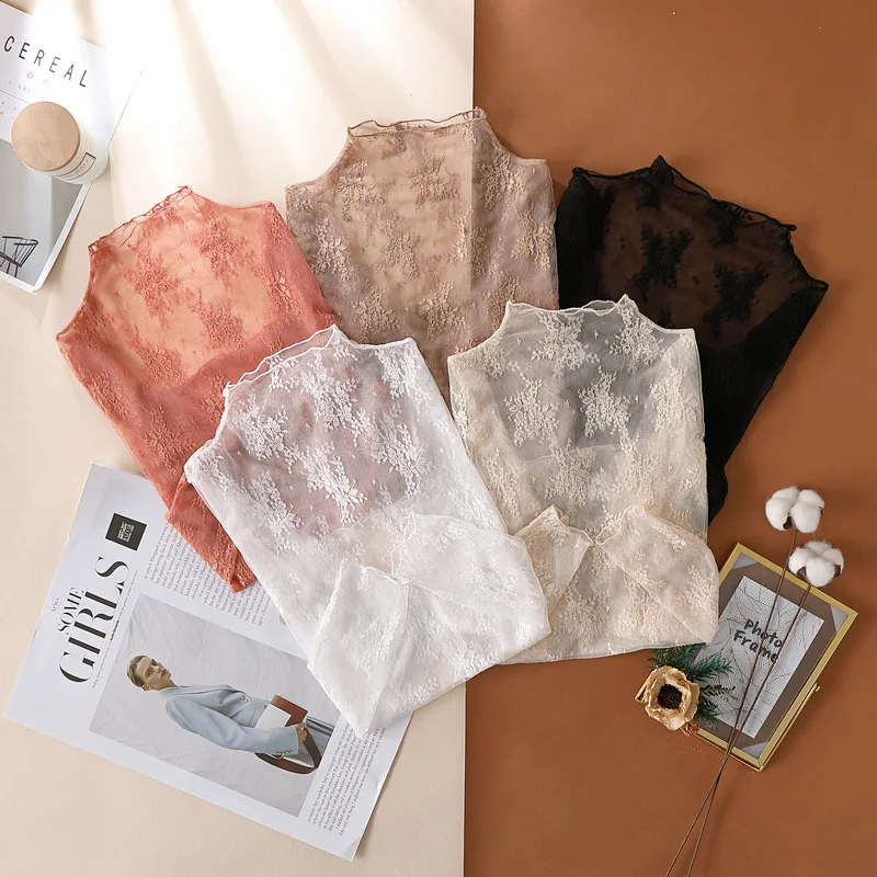 S-XL New Women Lace Shirt Spring Autumn Sexy Mesh Shirts Lace-Collared Blouse Long Sleeve Bottoming Shirt Pullover Top