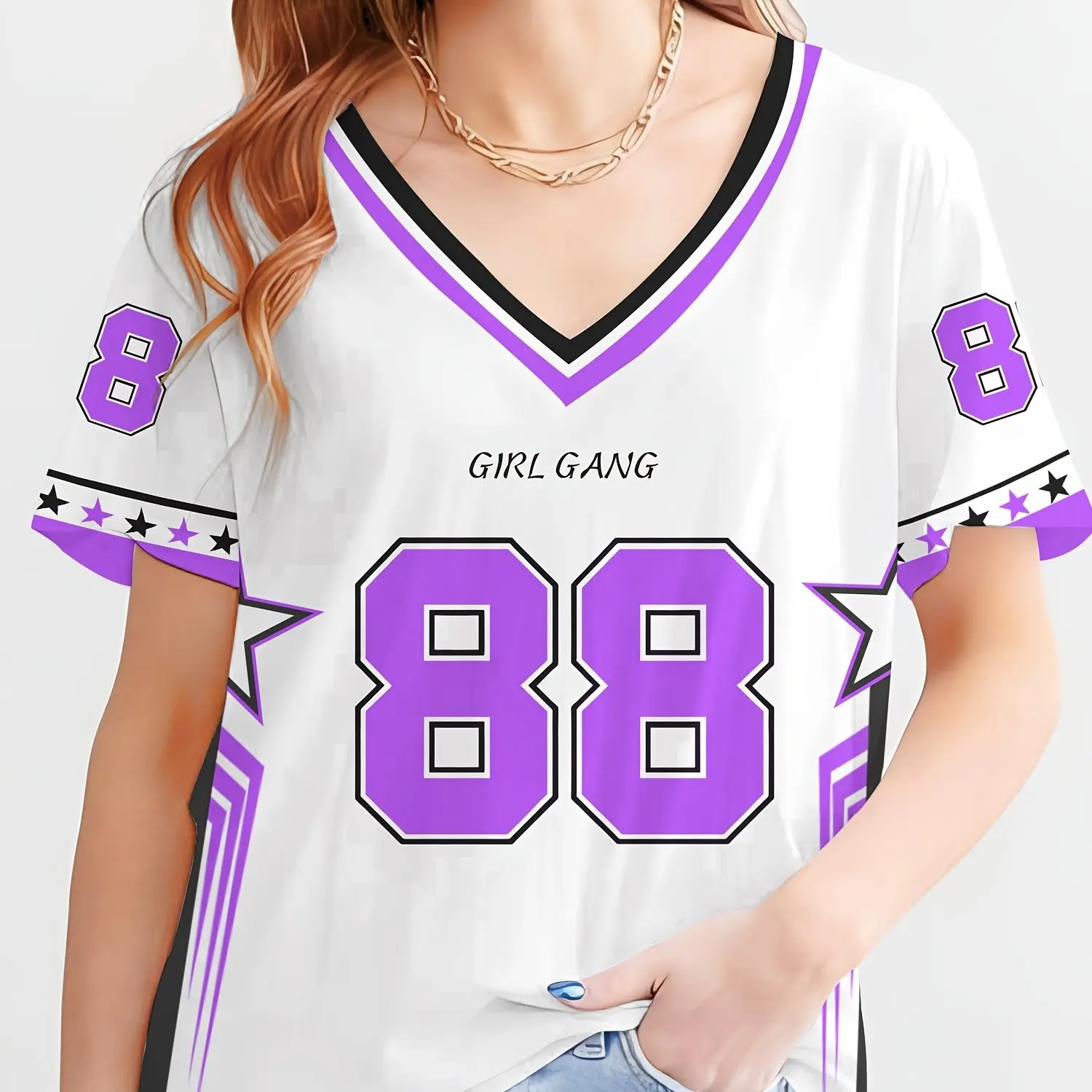 

2025 Summer New Plus Size Women 88 Casual V-neck T-shirt Printed Women Casual T-shirt Quick Drying Breathable and Comfortable