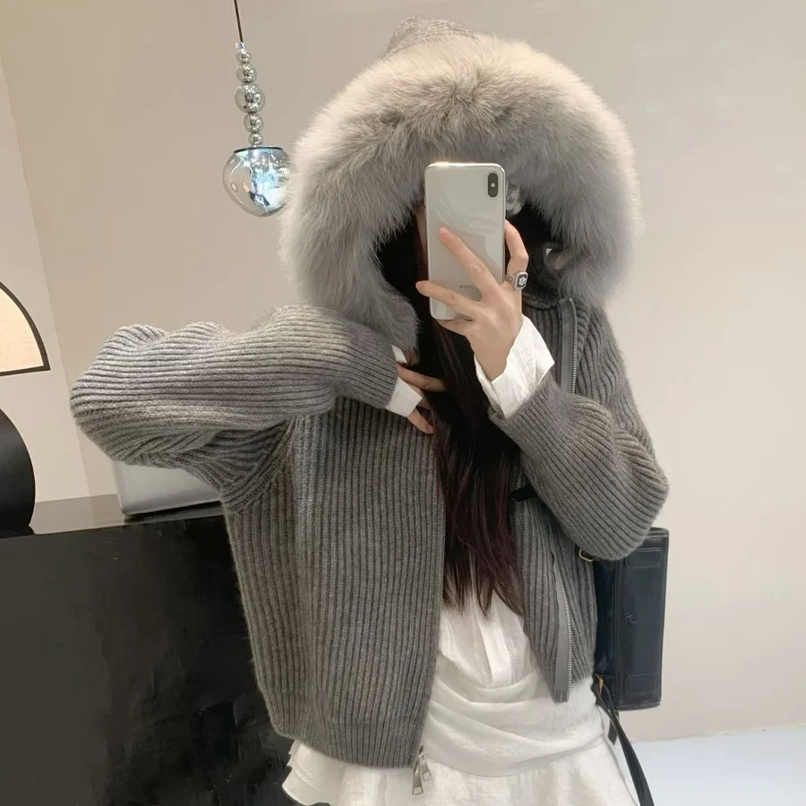 เสื้อฮู้ดดี้คอปกขนสุนัขจิ้งจอกแท้สำหรับผู้หญิง เสื้อแคชเมียร์ ฤดูใบไม้ร่วง ฤดูหนาว สไตล์ใหม่ เสื้อแจ็คเก็ตขนแคชเมียร์