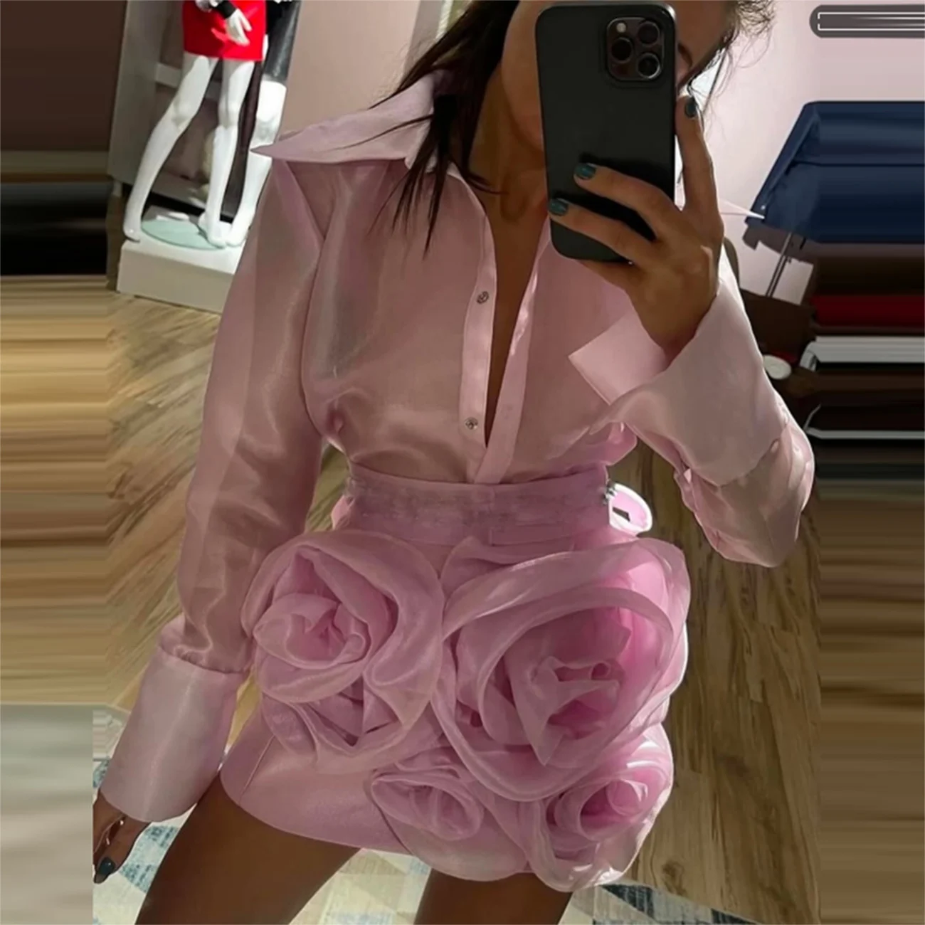 Gonna corta rosa con fiori 3D Gonna a tubino da donna a vita alta sopra il ginocchio Gonna in organza per abiti formali per feste di compleanno