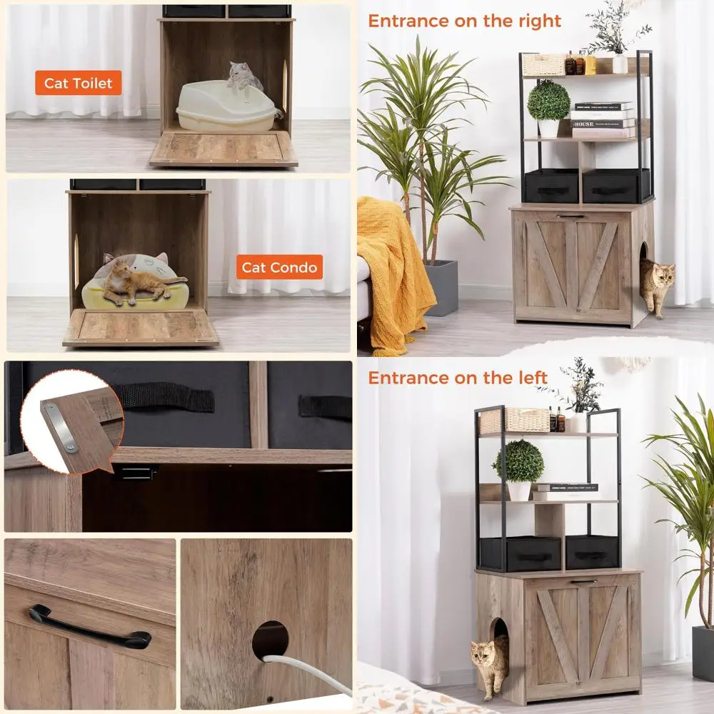 

50-Inch Greige Cat Litter Box Enclosure with 2 Shelves, 2 Drawers, Reversible Door