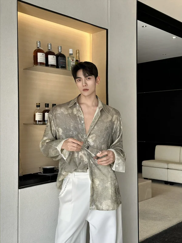 

Мужской повседневный кардиган свободного кроя с длинным рукавом из окрашенного шелка и полиэстера, с принтованным воротником, деформируемый