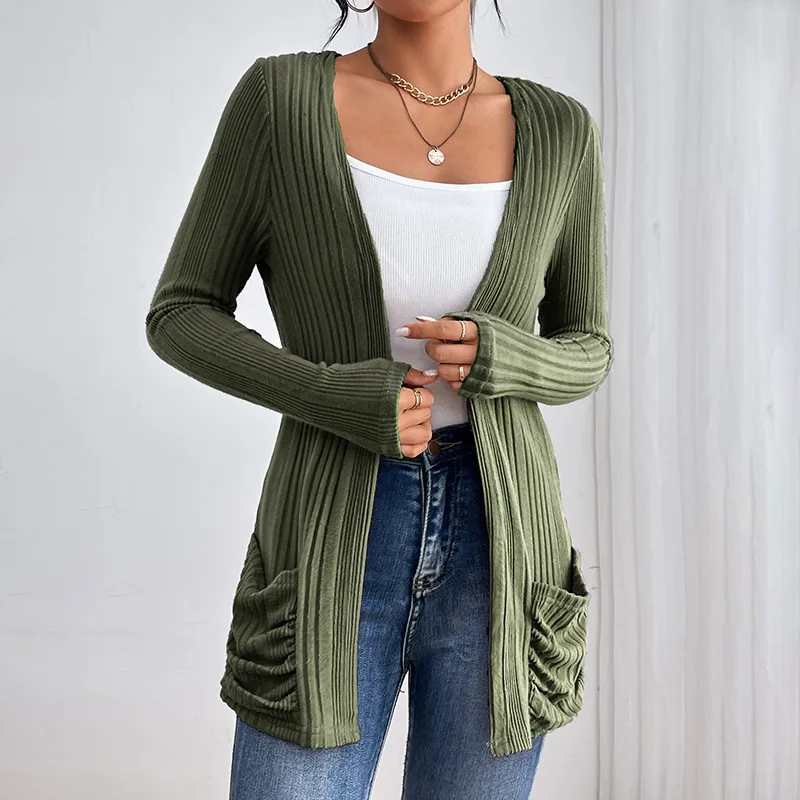 

Autumn and winter new long sleeve solid color collarless mid-length knitted cardigan pocket coat sweater sweater