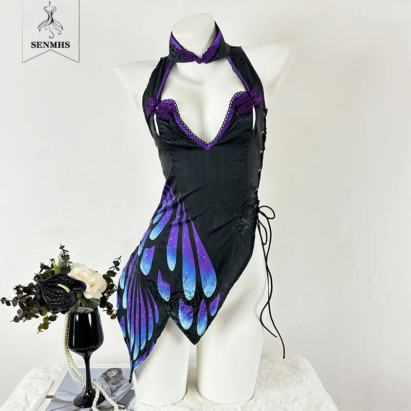 

SENMHS Women Sexy Purple Cosplay Cheongsam Costumes Party Dress Gathering Revealing Chest Butterfly Bandage Dress