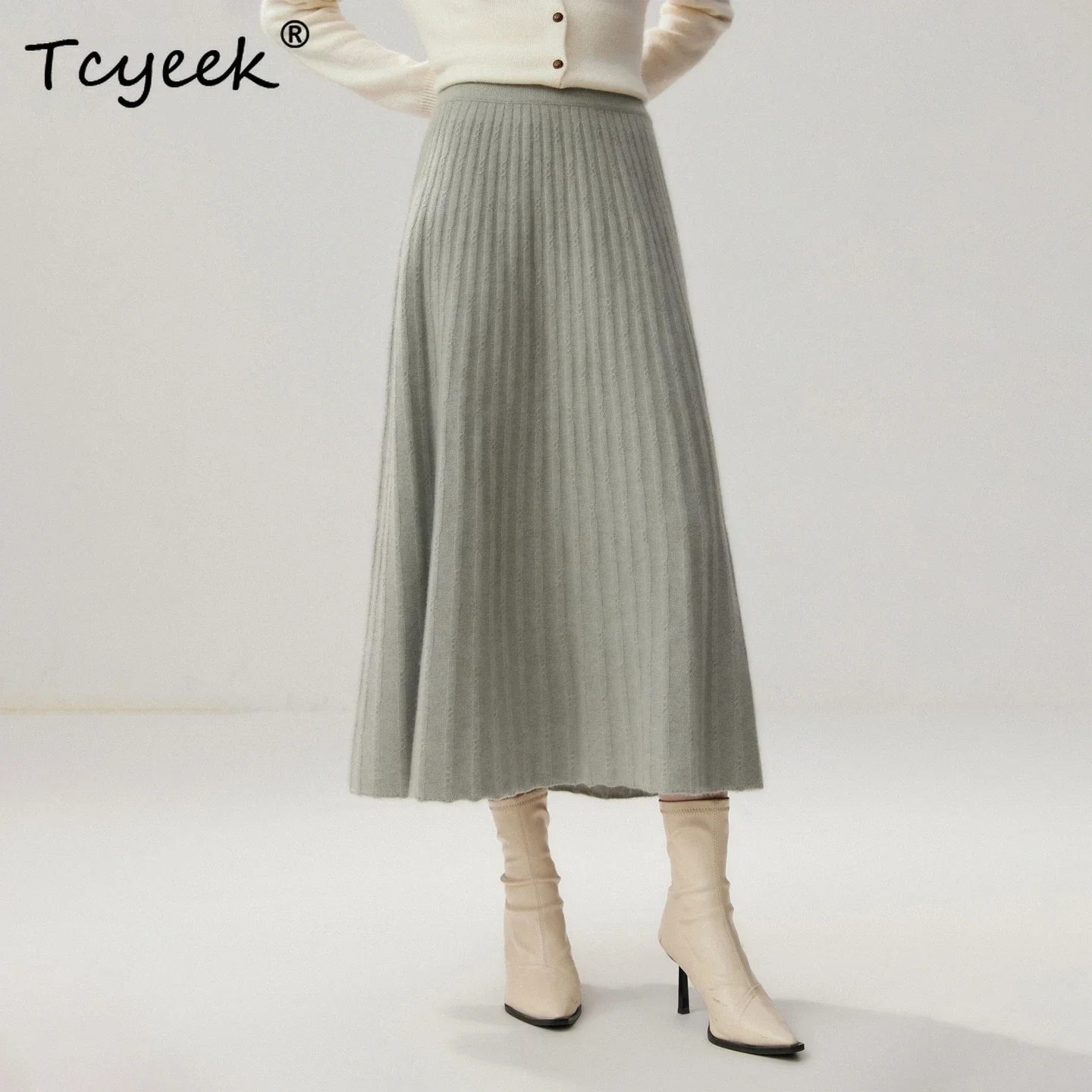 Tcyeek Elegant Women's Long Skirt 100% Cashmere Mid Length Skirts Umbrella Autumn Winter Knitted Wave Skirt Cashmere Dress