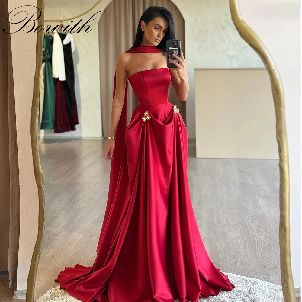 

Bowith Red A Line Satin Prom Party Dresses Formal Evening Gowns Strapless Customized Women Dress for Special Occasion