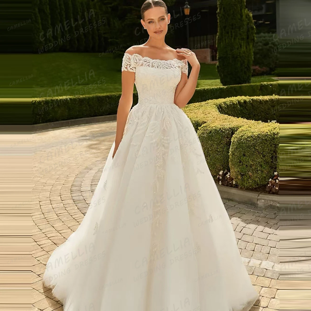 

Exquisite Boho A Line Wedding Dresses Appliques Women's Sleeveless Bridal Gowns Off Shoulder Tulle Vestidos De Novia Customized