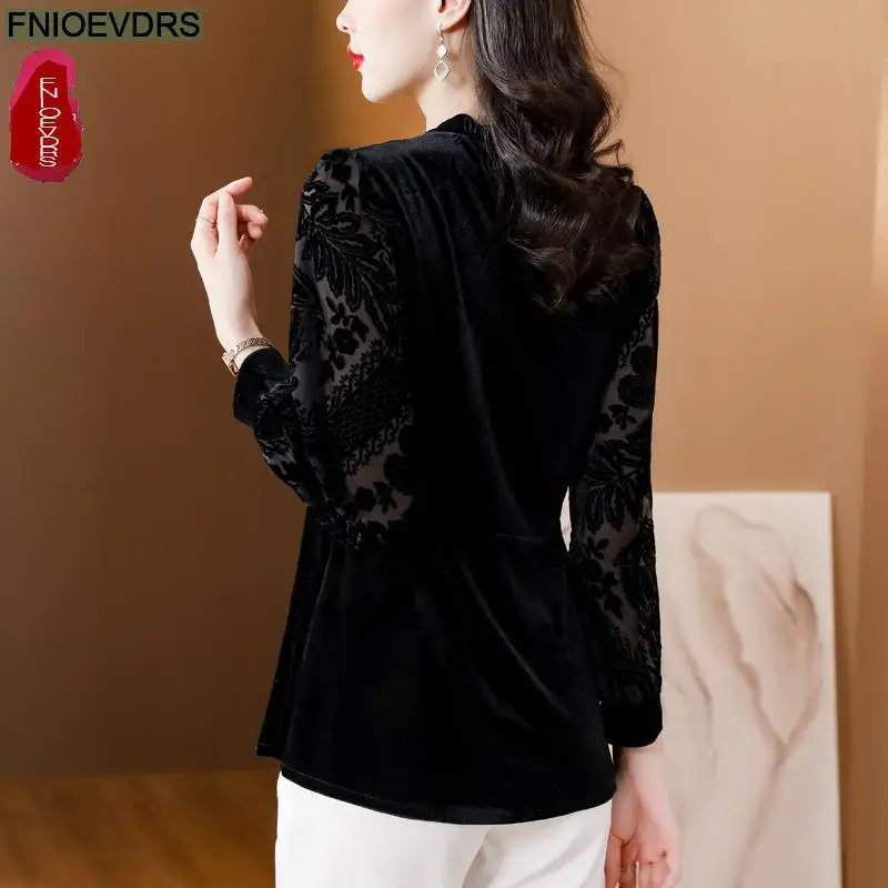 S-3XL 2023 Women French Design Long Sleeve Elegant Office Lady Work Basic Button Shirt Casual Slim Black Lace Peplum Tops Blouse