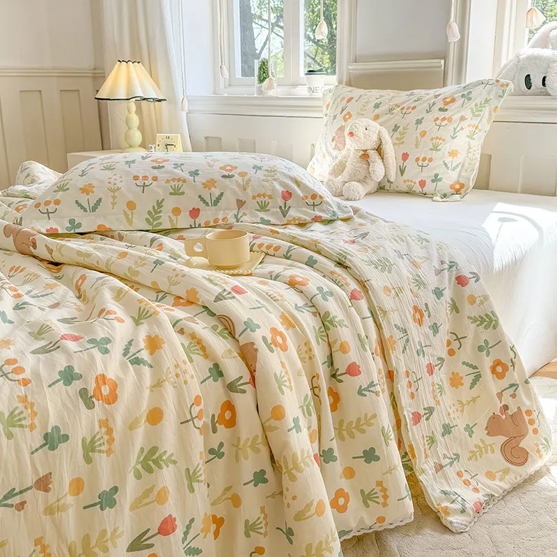 Summer Cool Quilt Comfor Quilt and Pillowcase Pastoral Floral Summer Household Yarn Lace Soft Quilt For Bed Washable Bedding