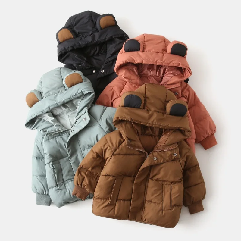 Boys Girls Cotton Padded Warm Down Jacket Kids Casual Cute Bear Ear Hooded Zipper Solid Coat Children's Winter Thick Outerwear