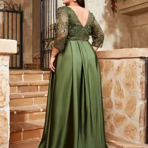 Mgiacy-V-Neck Lace Dress Embroidered Night, Satin Cloth, Hand-Hand Long Skirt, Ball Party Dress, Mosaic, Plus Size 10 Main Sales Long Plus Size Dress - №8