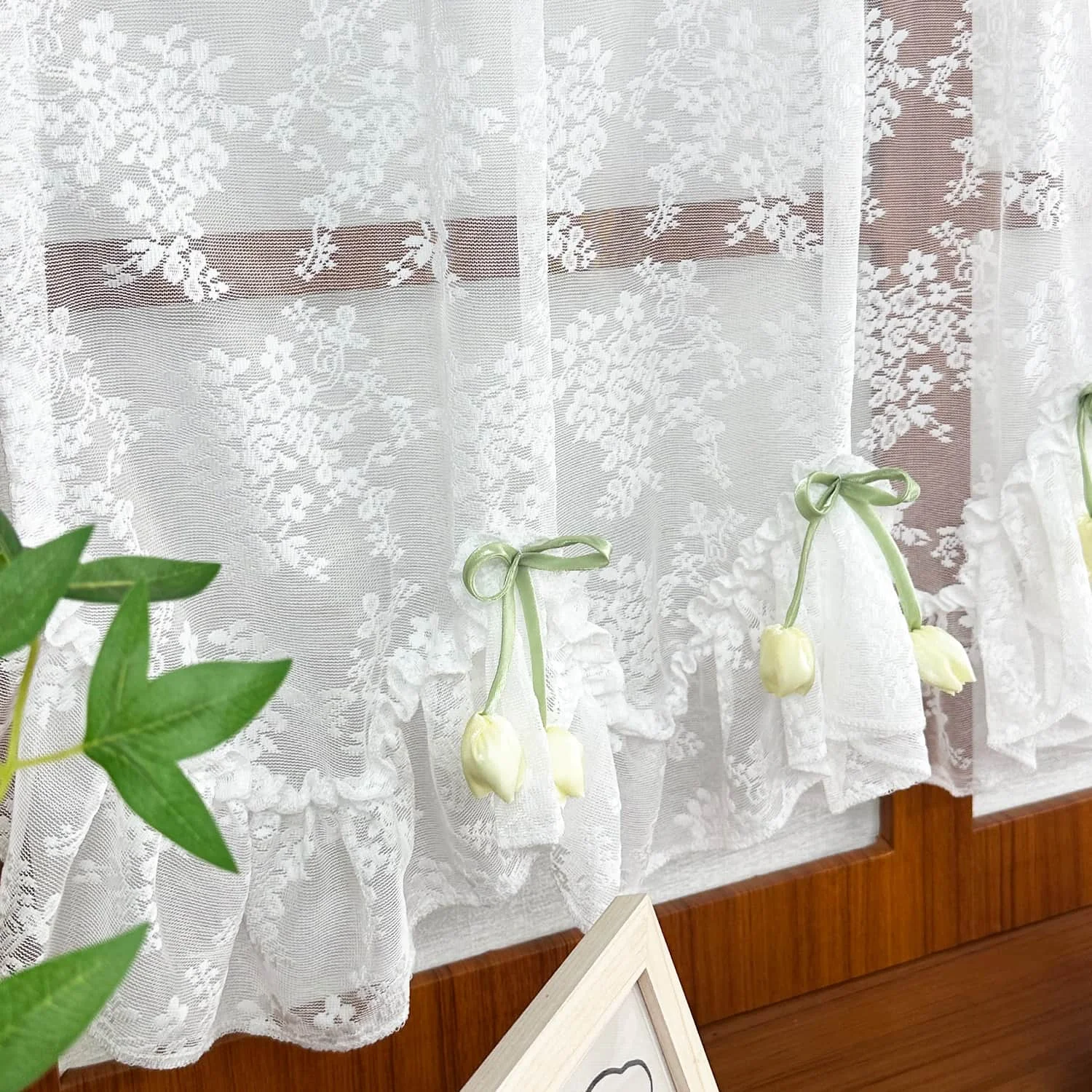 French Country Floral Sheer Lace Curtain with 3D Tulip Bow Ruffle Swag Half Window Valance Curtain for Kitchen Bathroom Cabinet