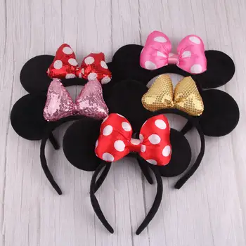 Čelenka Minnie Mouse s ušima velké velikosti s flitrovou mašlí pro ženy, párty a dívčí vlasová páska, žhavé festivalové Disney park výlet, DIY vlasové doplňky 10 nejlepší prodej Čelenka s ušima Minnie Mouse - №6