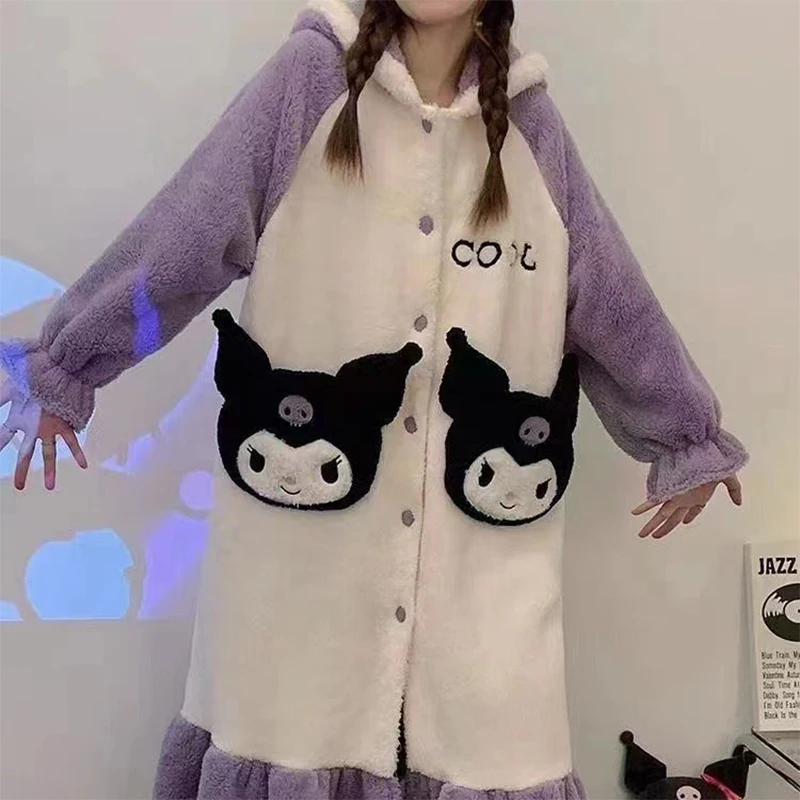 New Sanrio Kuromi Women Winter Coral Velvet Pajamas Thickened Flannel Hooded Sleeping Robe Set Korean Style Fashion Casual Home