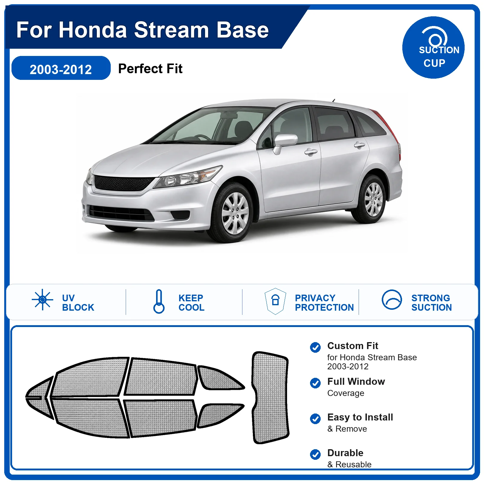 For Honda Stream Base 2003-2012 Custom Full Set Windshield Sun Shade Aluminum Foil Heat Insulation Anti UV Foldable