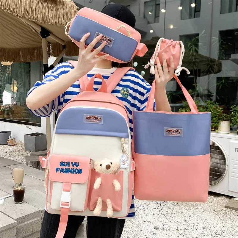 4-piece Set High School Student Children Cute Bear Lightweight Simple Backpacks New Girls Boy Shoulder Bags with Pen Bag Hot