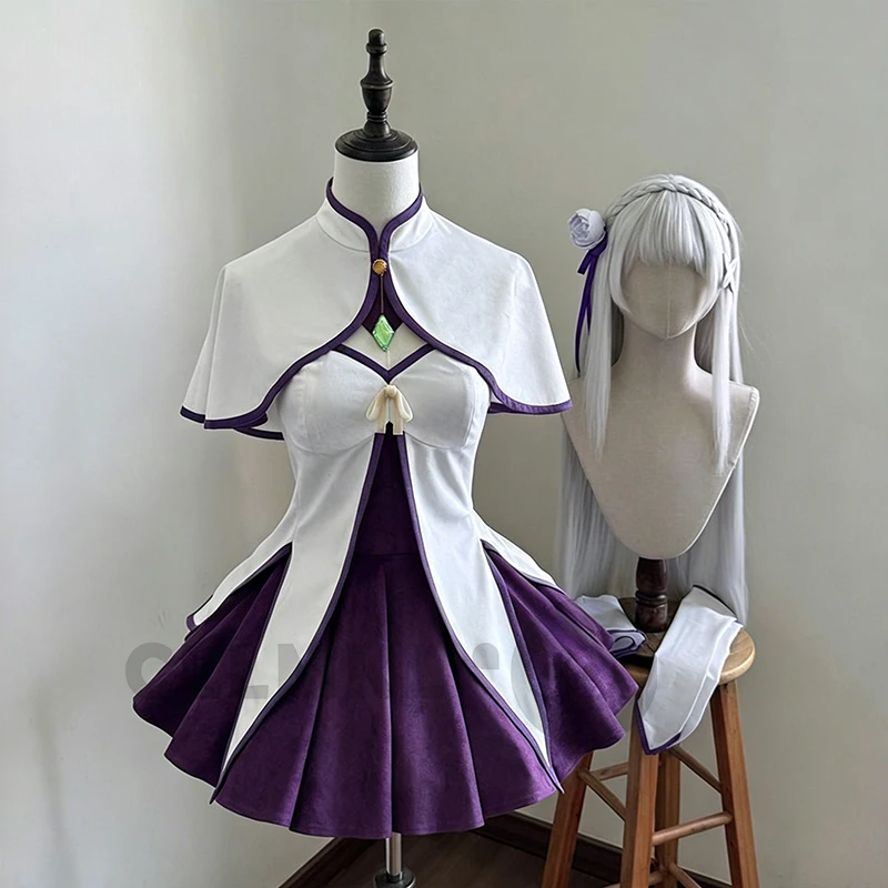 

Anime Re Zero Kara Hajimeru Isekai Seikatsu Cosplay Emilia Costumes Women Dress With Headdress For Halloween Party Lolita Cos