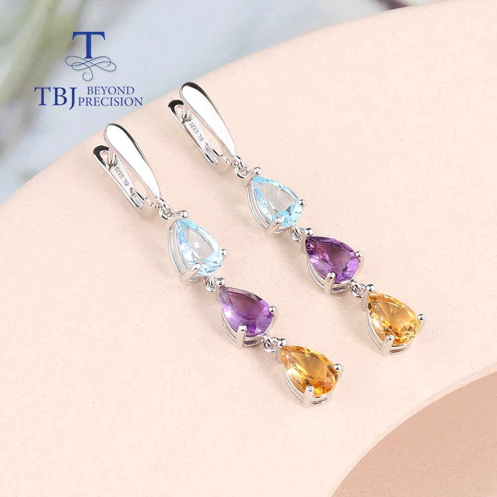 Multi-color match natural gem long earrings sky Blue Topaz Amethyst Citrine Jewelry 925 silver women Gift anniversary party