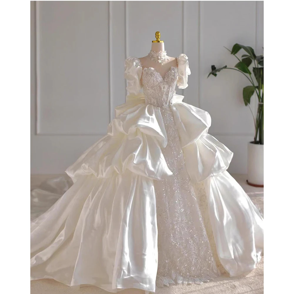 

Fashion Detachable Hem for Women's Wedding Dress V-Neck Ruff Sleeves Satin Chapel Train Drape Sequin Pearl Wedding Dress Elegant