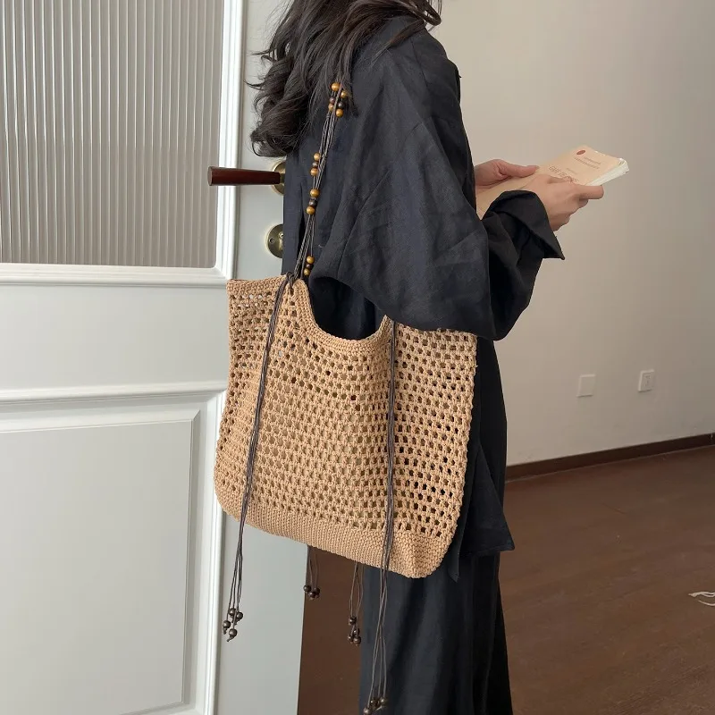 

Vintage Beaded Drawstring Woven Youth Tote Bags Large Capacity Hollow Knitted Shoulder Bag Hot Sale Casual Beach Travel Handbag