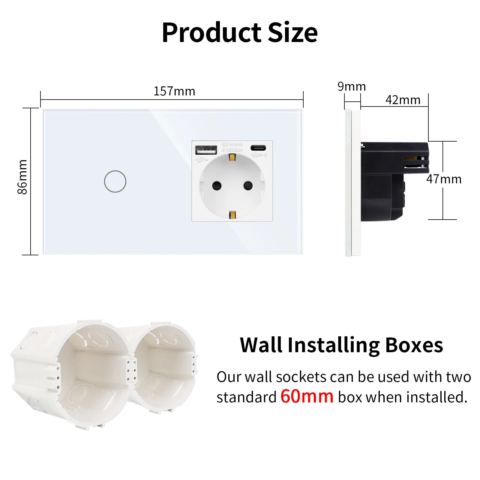 DAJIMEI Wall Light Switch 1/2/3Gang 2/3Way Touch Switch with Double USB TypeC Charging EU Power Sockets Interrupter Switches