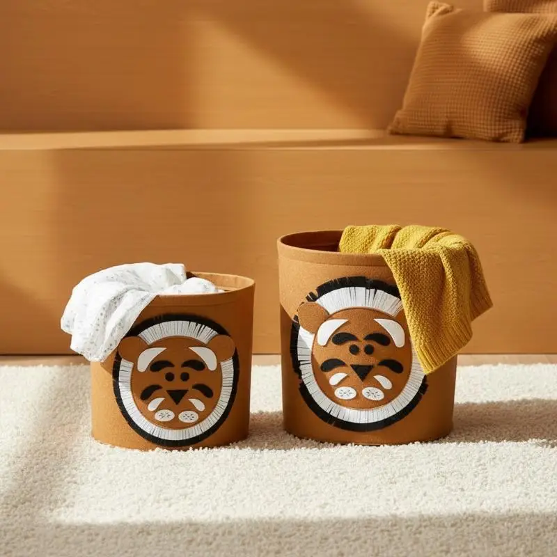 Cute Cartoon Animal Felt Storage Basket Large Capacity Foldable Laundry Hamper for Gym Sportswear Storage view 2