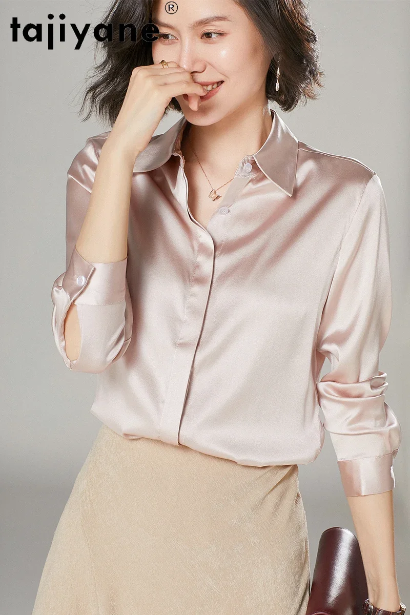 Tajiyane Top Elegant 100% Silk Shirts for Women Buttons Long-sleeved 2022 Spring Fashion Office Lady Loose Women Clothing FCY035