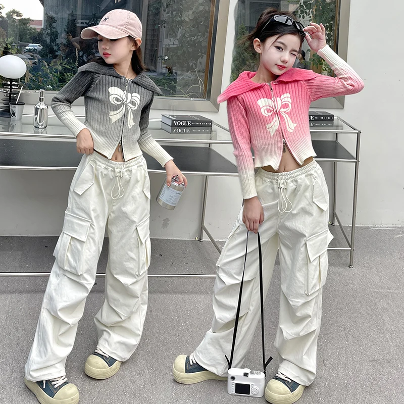 

4-14 teen girls Big collar Gradient color bow sweater cardigan Street style girl hanging dye coat cargo pants junior kid clothes