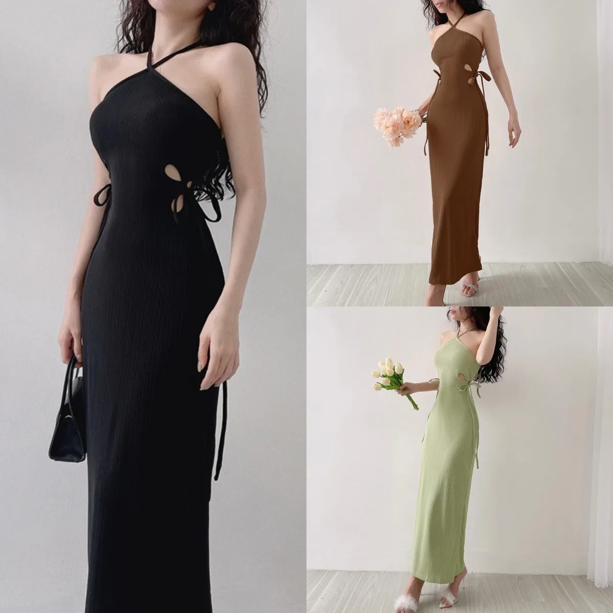 

Sexy Hollow Sheath Prom Dress Halter Neck Sleeveless Long Casual Robes Party Evening Gown 100% Real Photo In Stock